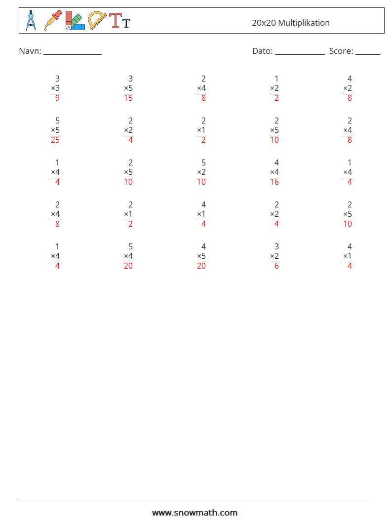 (25) 20x20 Multiplikation Matematiske regneark 14 Spørgsmål, svar