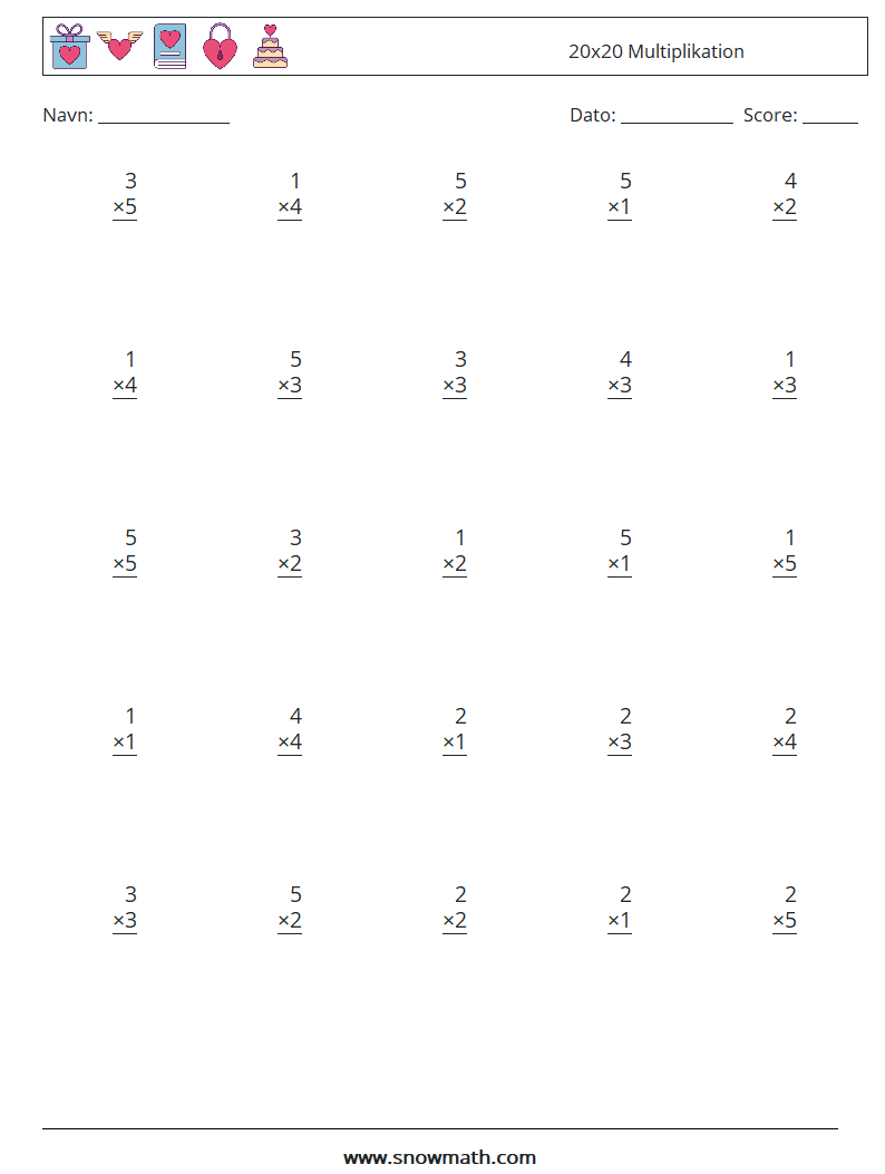 (25) 20x20 Multiplikation Matematiske regneark 16