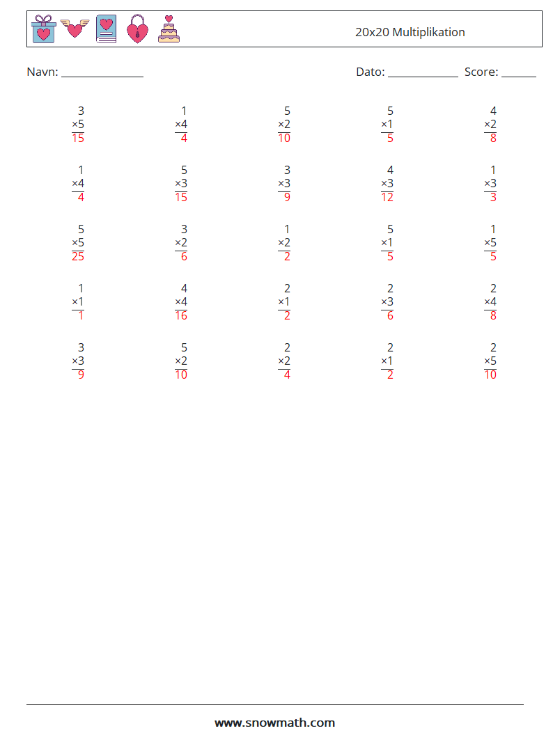 (25) 20x20 Multiplikation Matematiske regneark 16 Spørgsmål, svar