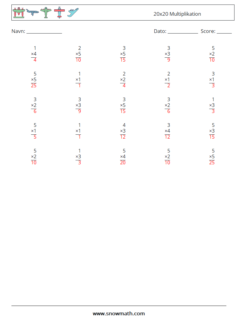 (25) 20x20 Multiplikation Matematiske regneark 18 Spørgsmål, svar