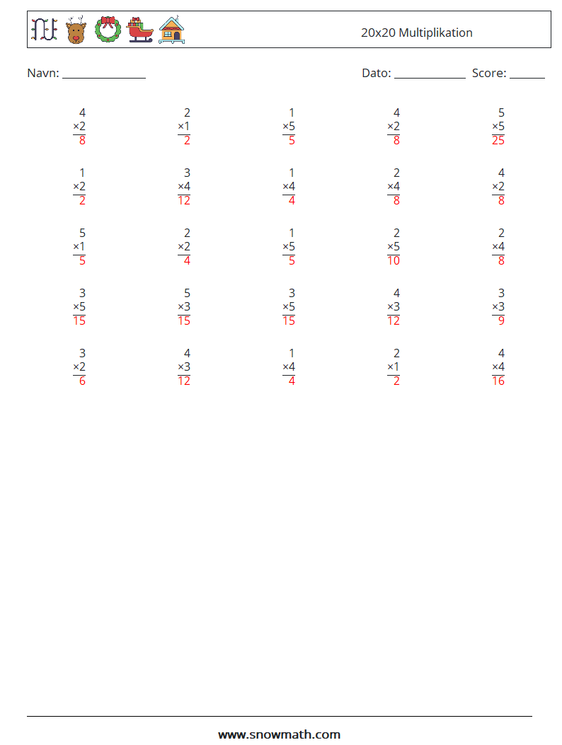 (25) 20x20 Multiplikation Matematiske regneark 1 Spørgsmål, svar