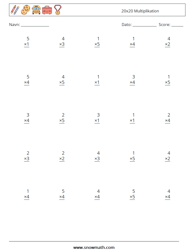 (25) 20x20 Multiplikation Matematiske regneark 2
