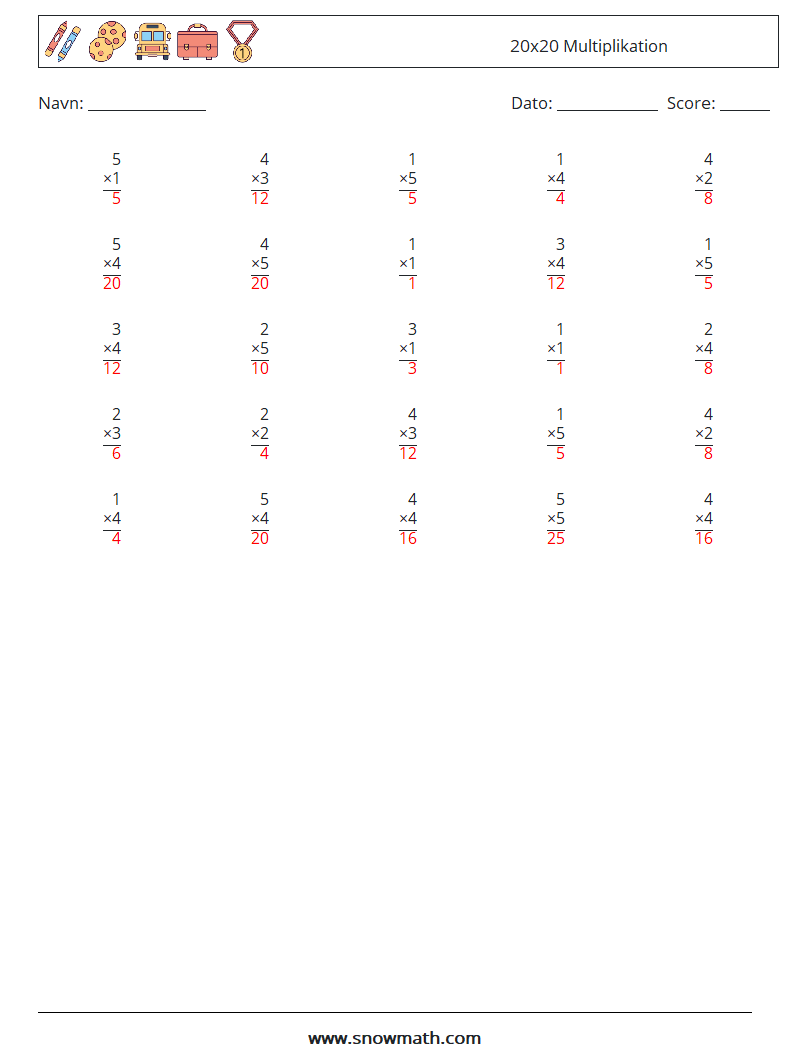 (25) 20x20 Multiplikation Matematiske regneark 2 Spørgsmål, svar