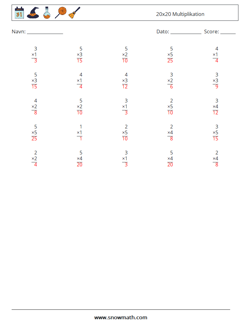 (25) 20x20 Multiplikation Matematiske regneark 4 Spørgsmål, svar