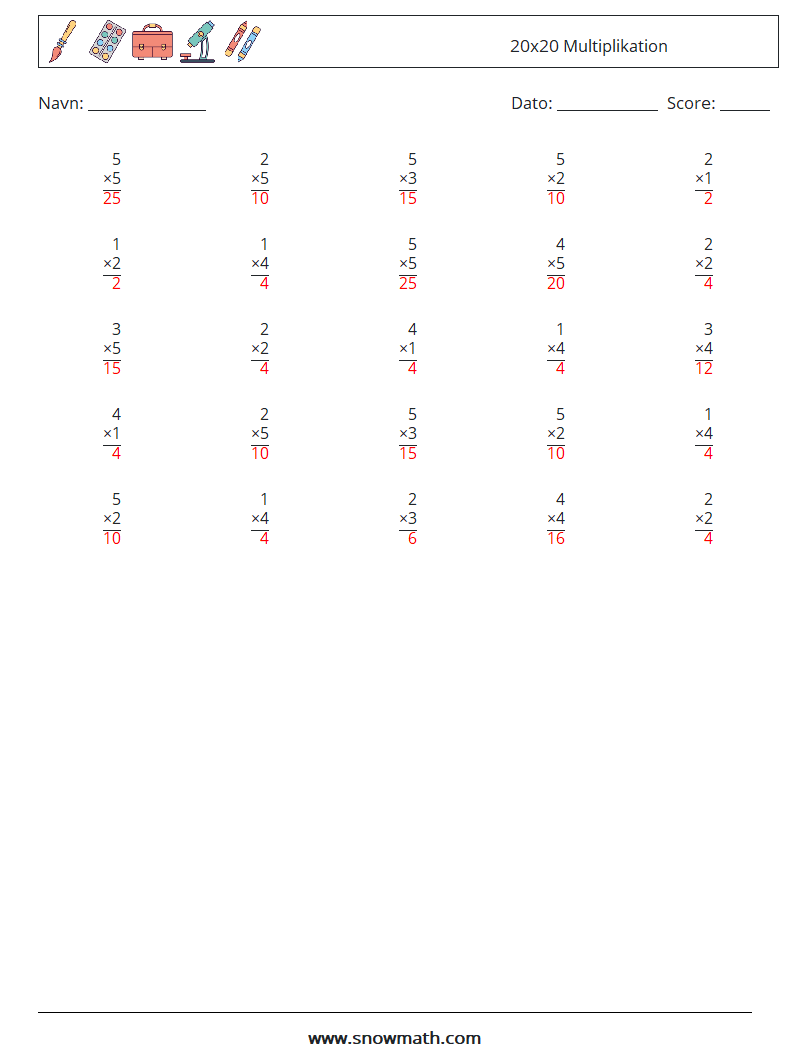 (25) 20x20 Multiplikation Matematiske regneark 5 Spørgsmål, svar