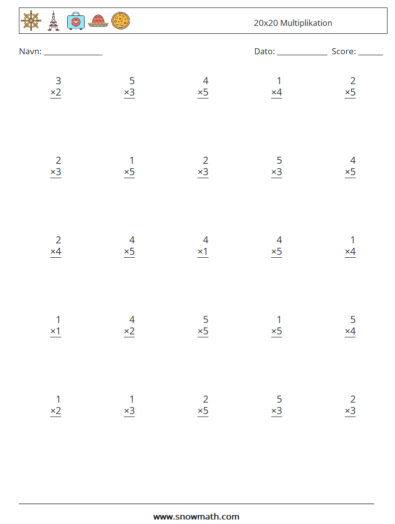 (25) 20x20 Multiplikation Matematiske regneark 6