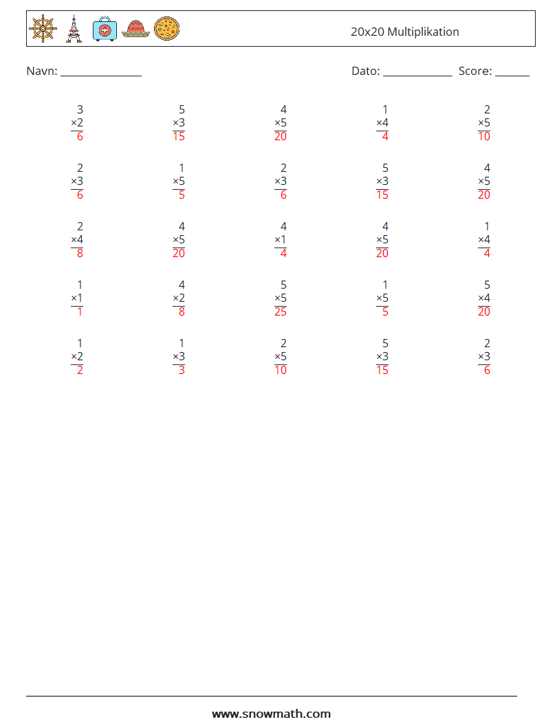 (25) 20x20 Multiplikation Matematiske regneark 6 Spørgsmål, svar