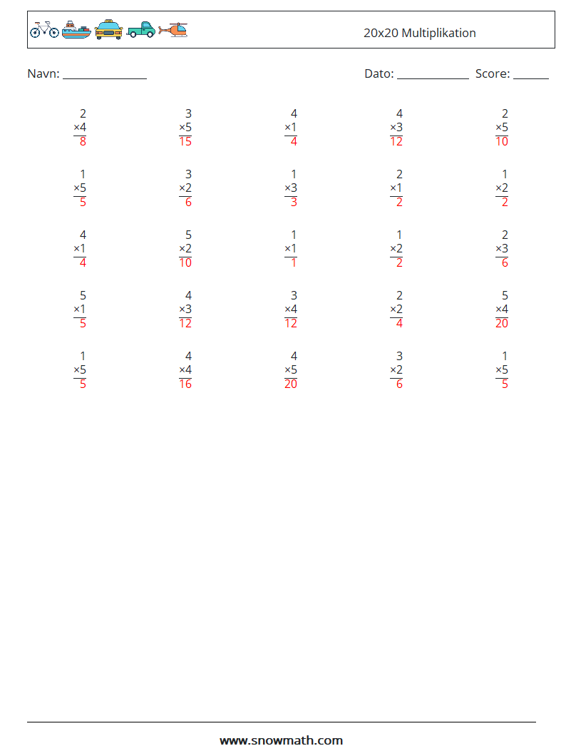 (25) 20x20 Multiplikation Matematiske regneark 7 Spørgsmål, svar
