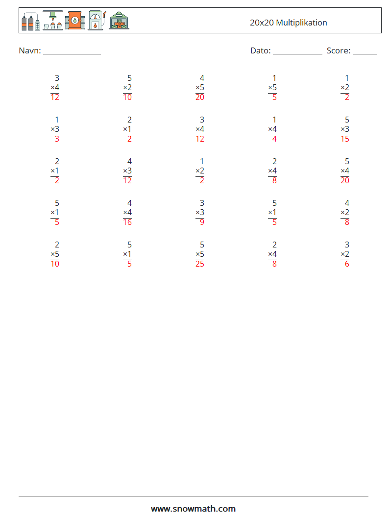 (25) 20x20 Multiplikation Matematiske regneark 8 Spørgsmål, svar