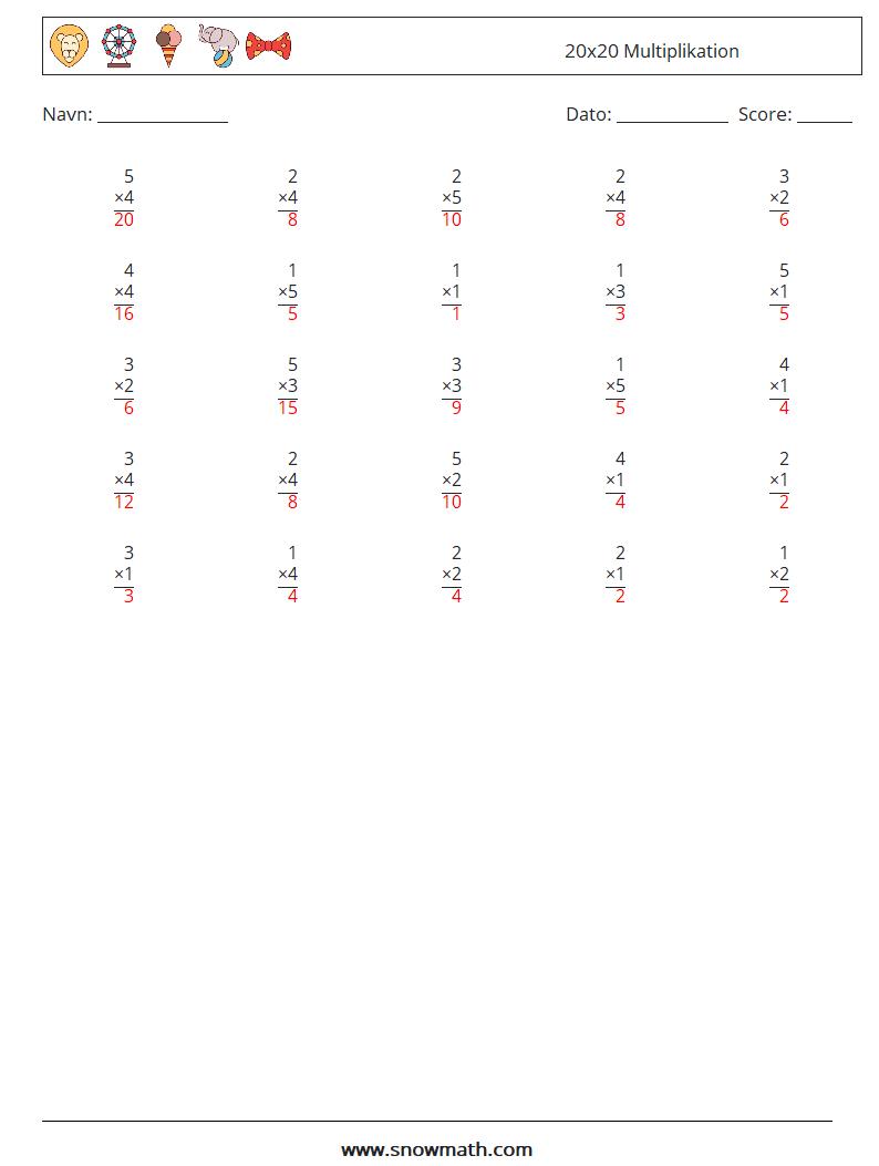 (25) 20x20 Multiplikation Matematiske regneark 9 Spørgsmål, svar
