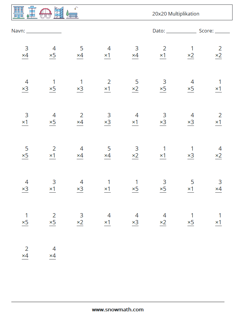 (50) 20x20 Multiplikation Matematiske regneark 11