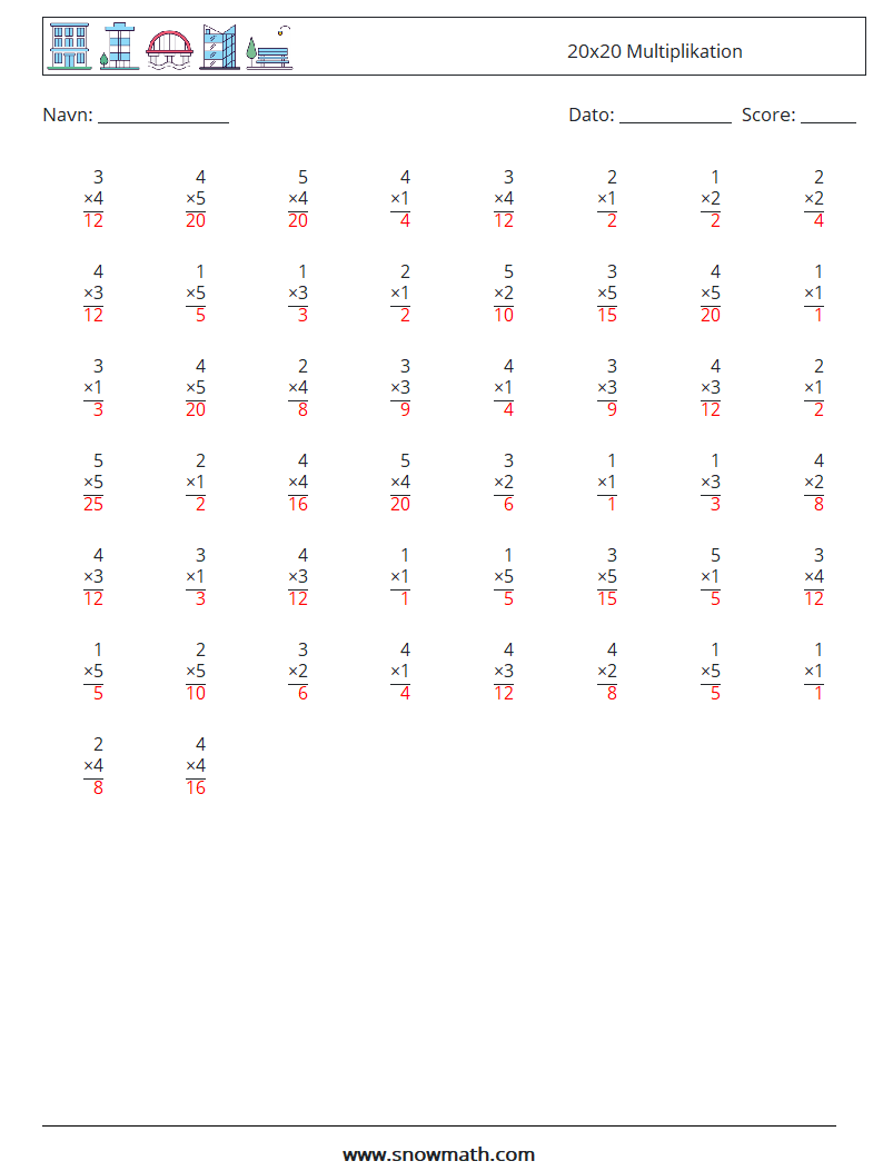 (50) 20x20 Multiplikation Matematiske regneark 11 Spørgsmål, svar
