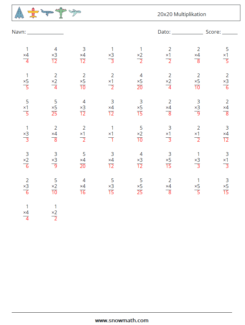 (50) 20x20 Multiplikation Matematiske regneark 12 Spørgsmål, svar