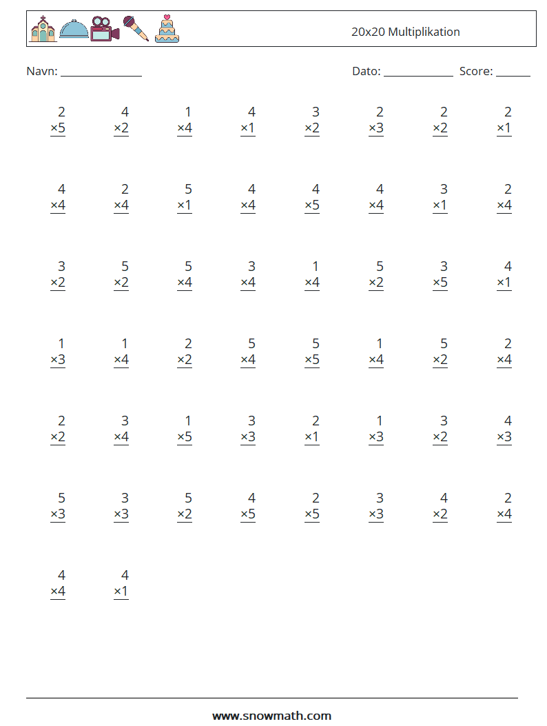 (50) 20x20 Multiplikation Matematiske regneark 13