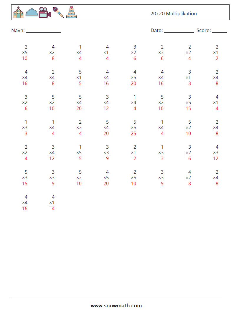 (50) 20x20 Multiplikation Matematiske regneark 13 Spørgsmål, svar