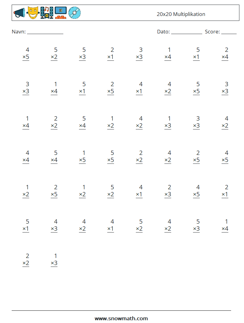 (50) 20x20 Multiplikation Matematiske regneark 14