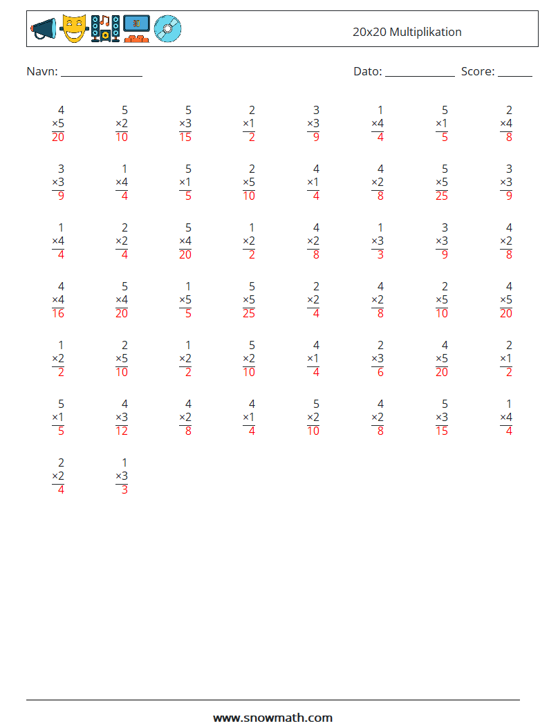 (50) 20x20 Multiplikation Matematiske regneark 14 Spørgsmål, svar