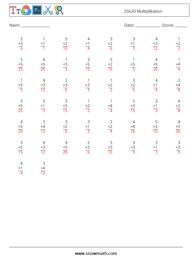 (50) 20x20 Multiplikation Matematiske regneark 15 Spørgsmål, svar