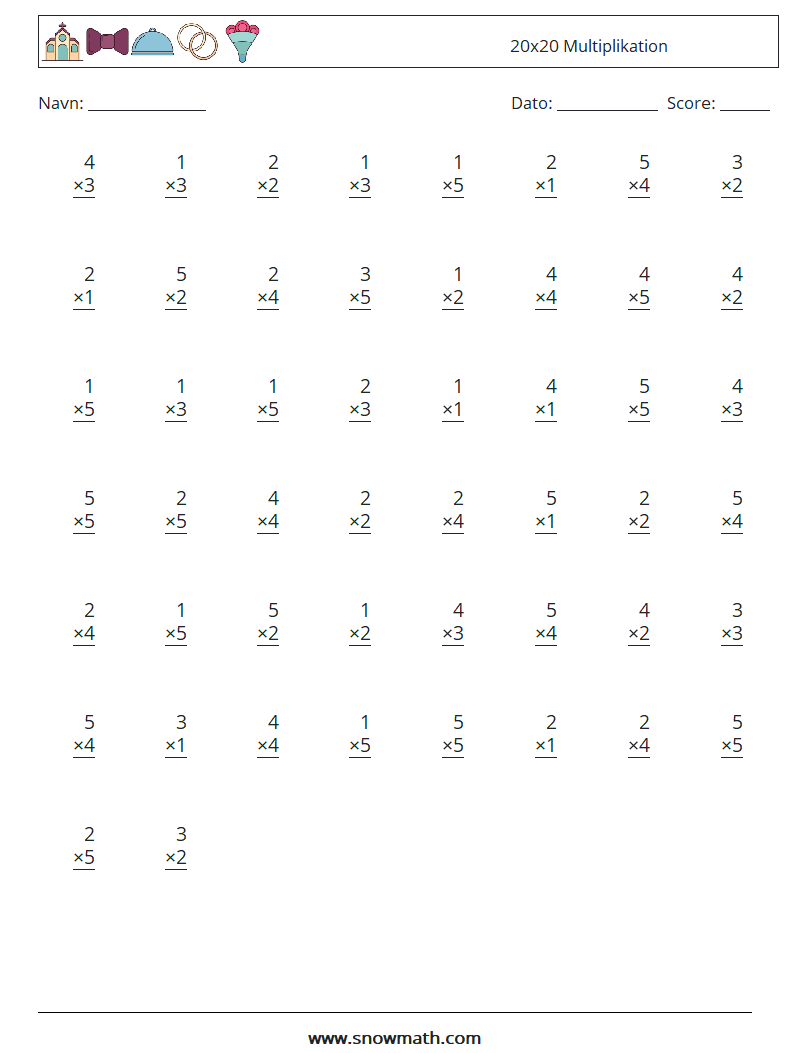 (50) 20x20 Multiplikation Matematiske regneark 16