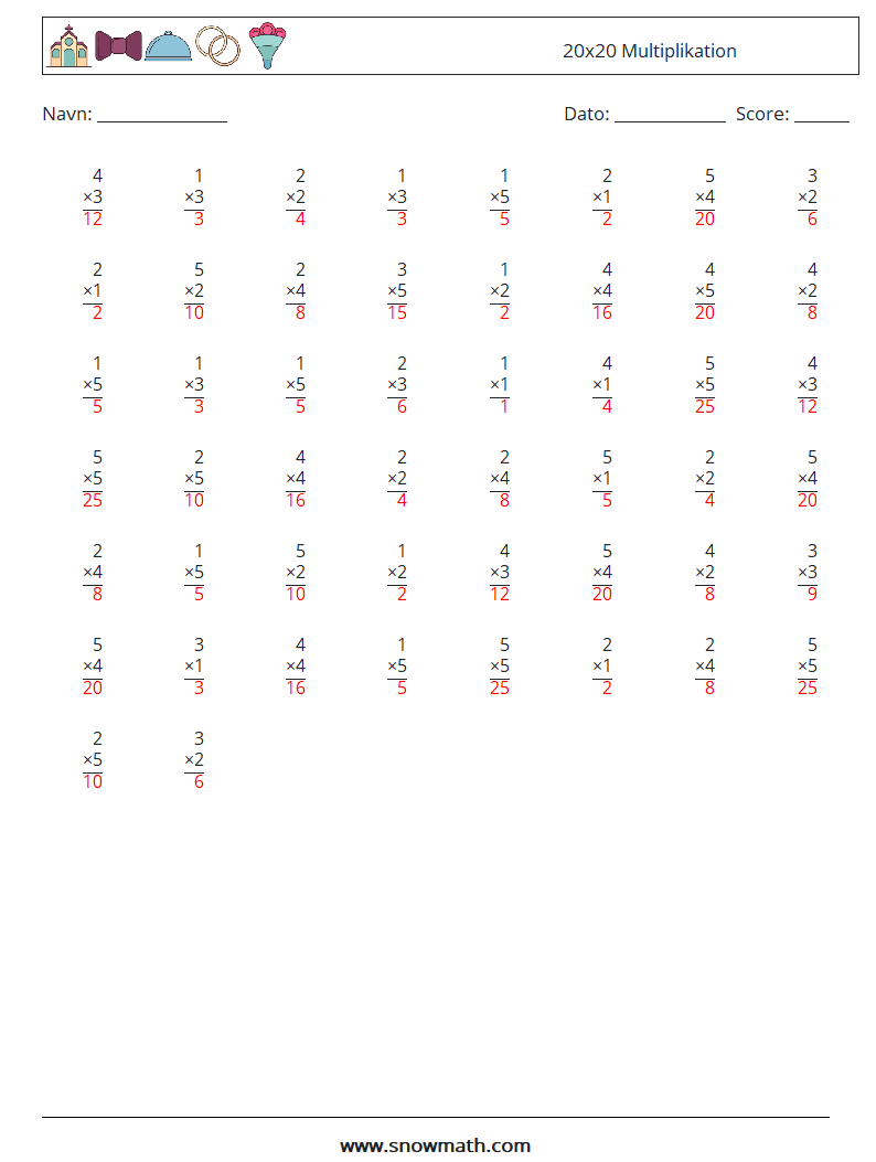 (50) 20x20 Multiplikation Matematiske regneark 16 Spørgsmål, svar