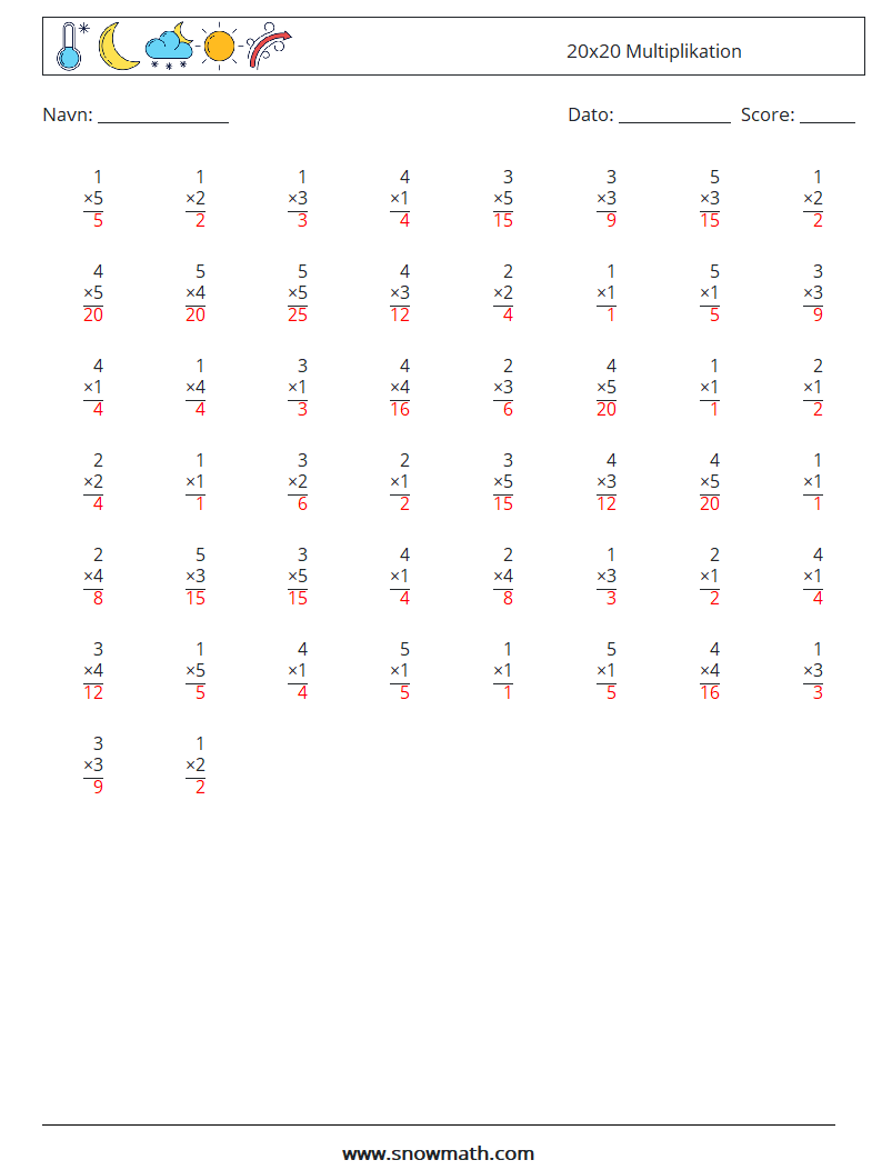 (50) 20x20 Multiplikation Matematiske regneark 17 Spørgsmål, svar