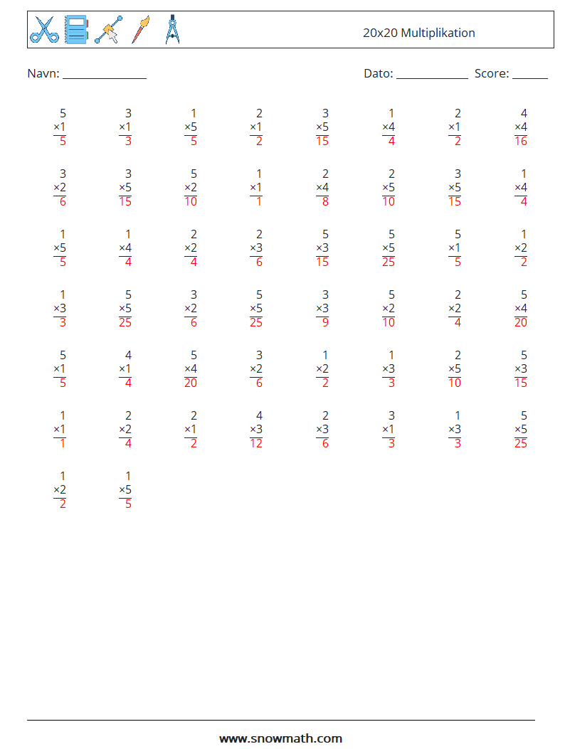 (50) 20x20 Multiplikation Matematiske regneark 18 Spørgsmål, svar