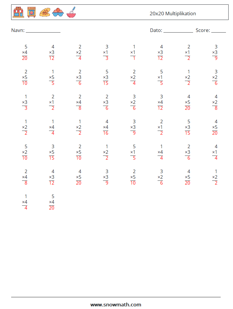 (50) 20x20 Multiplikation Matematiske regneark 1 Spørgsmål, svar