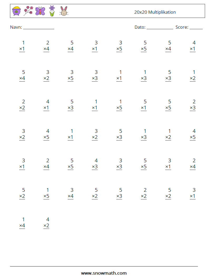 (50) 20x20 Multiplikation Matematiske regneark 2