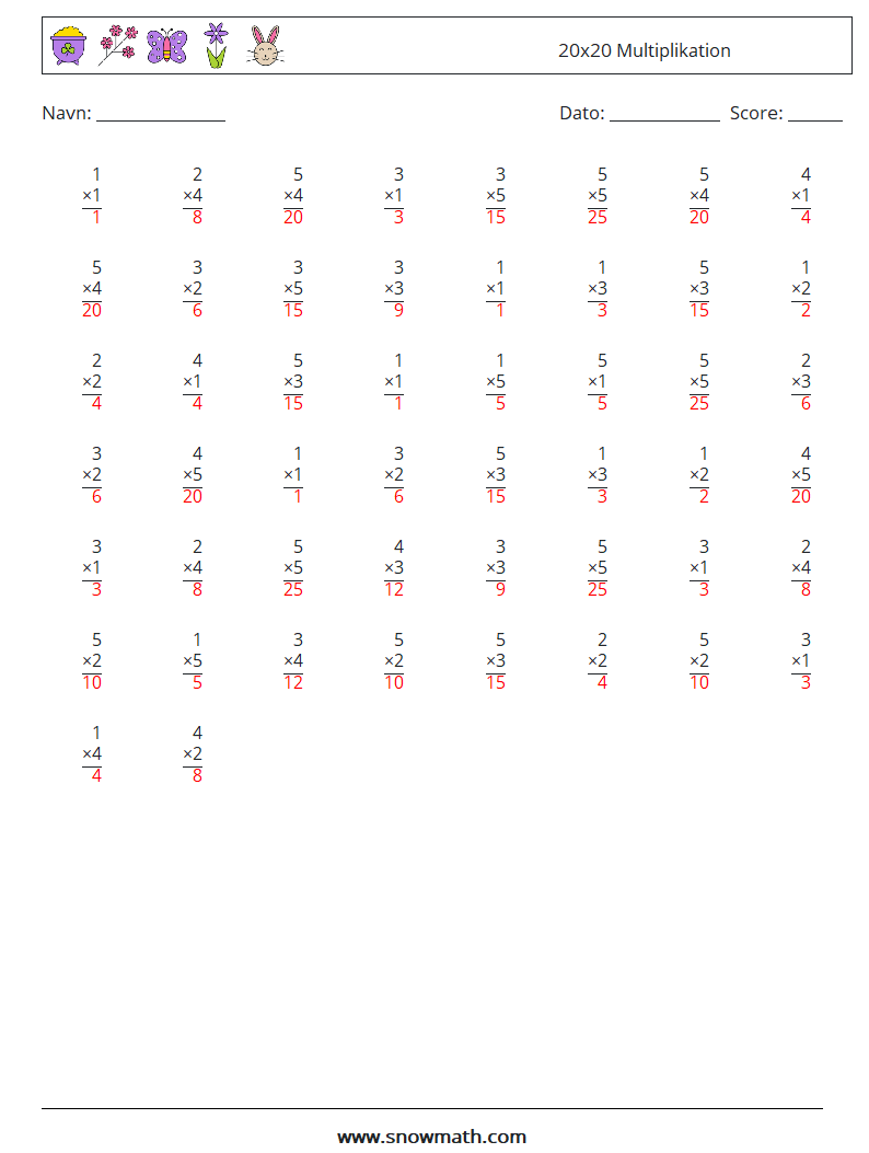 (50) 20x20 Multiplikation Matematiske regneark 2 Spørgsmål, svar