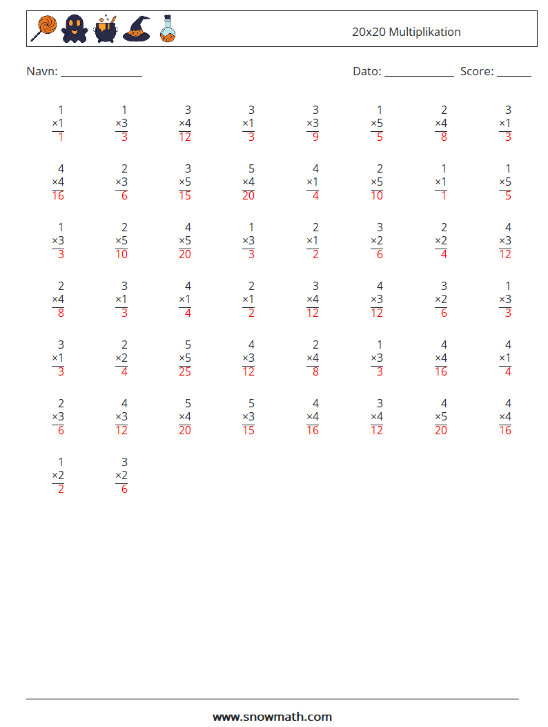 (50) 20x20 Multiplikation Matematiske regneark 3 Spørgsmål, svar