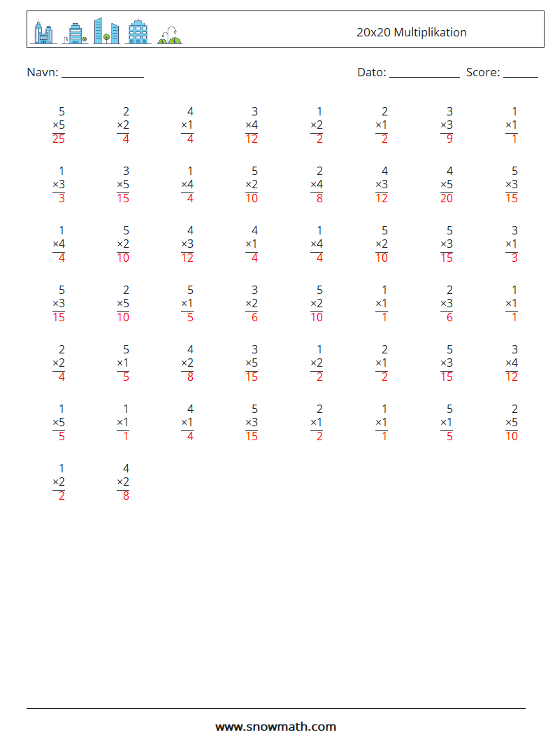 (50) 20x20 Multiplikation Matematiske regneark 4 Spørgsmål, svar