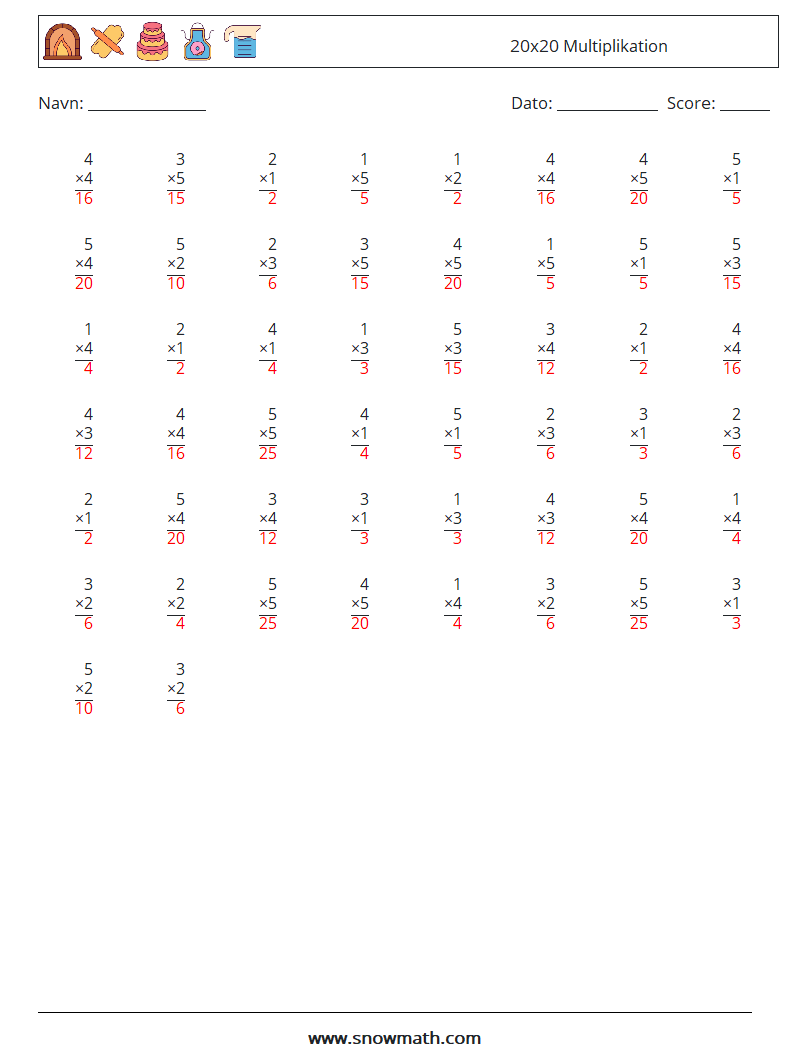 (50) 20x20 Multiplikation Matematiske regneark 5 Spørgsmål, svar