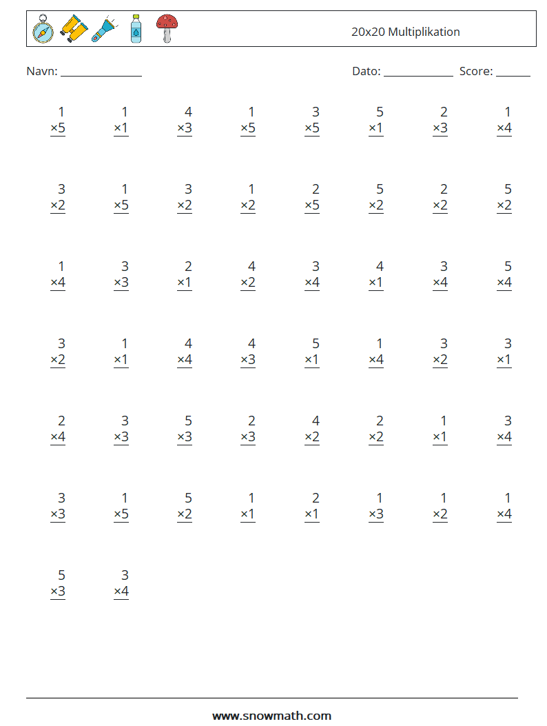 (50) 20x20 Multiplikation Matematiske regneark 6