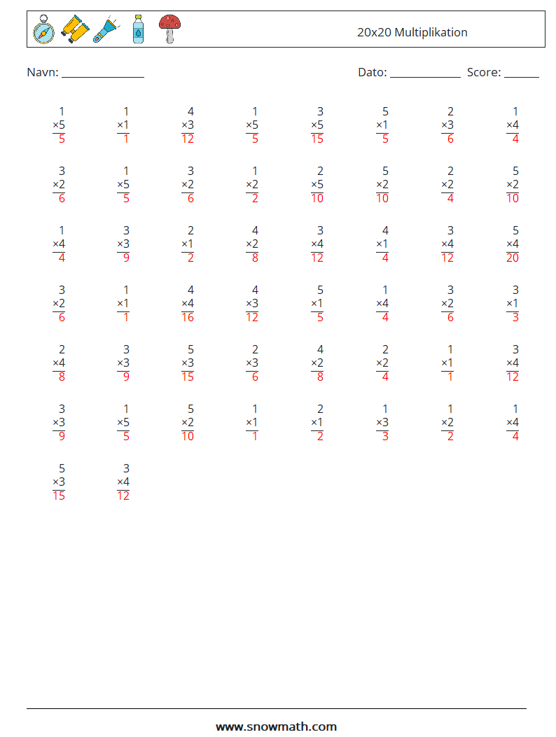 (50) 20x20 Multiplikation Matematiske regneark 6 Spørgsmål, svar