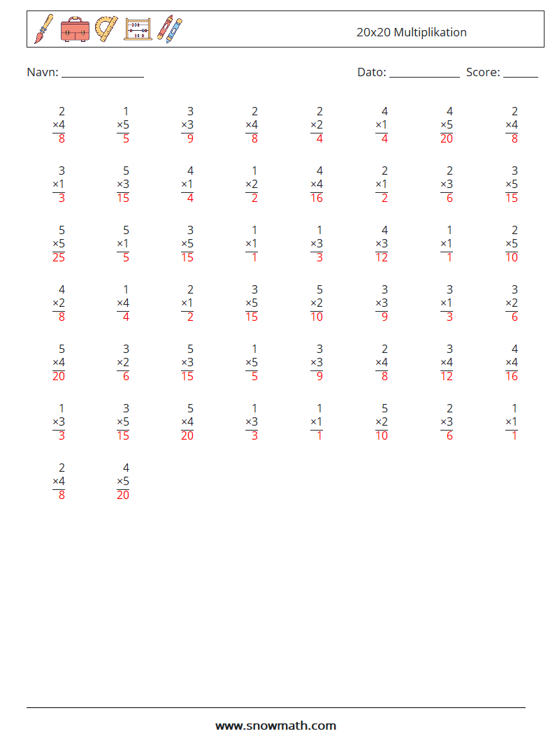 (50) 20x20 Multiplikation Matematiske regneark 7 Spørgsmål, svar