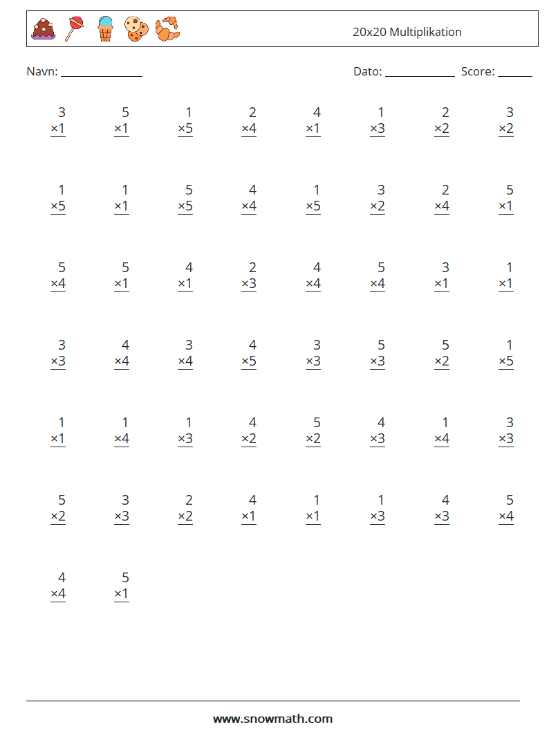 (50) 20x20 Multiplikation Matematiske regneark 8