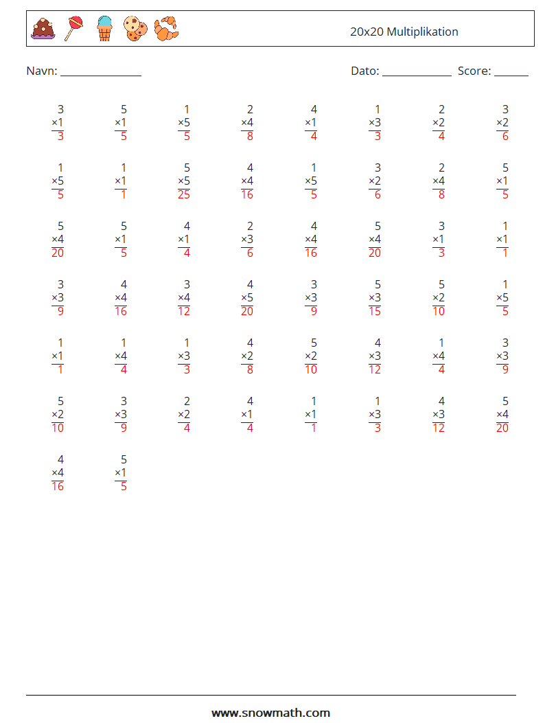 (50) 20x20 Multiplikation Matematiske regneark 8 Spørgsmål, svar