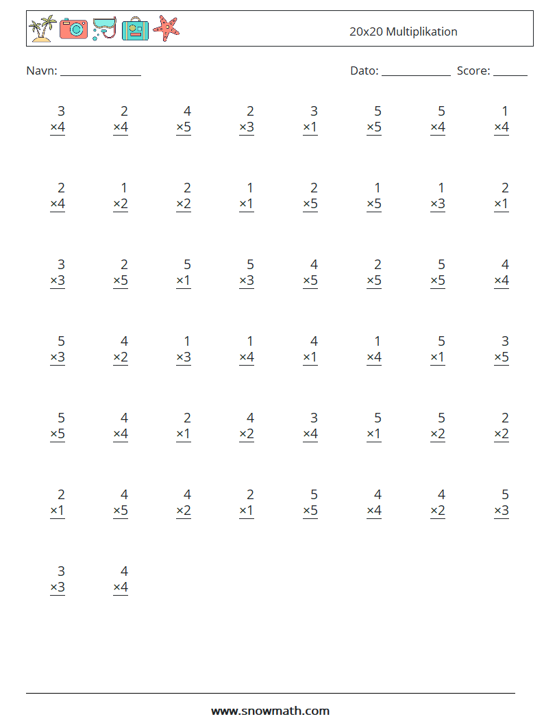 (50) 20x20 Multiplikation Matematiske regneark 9