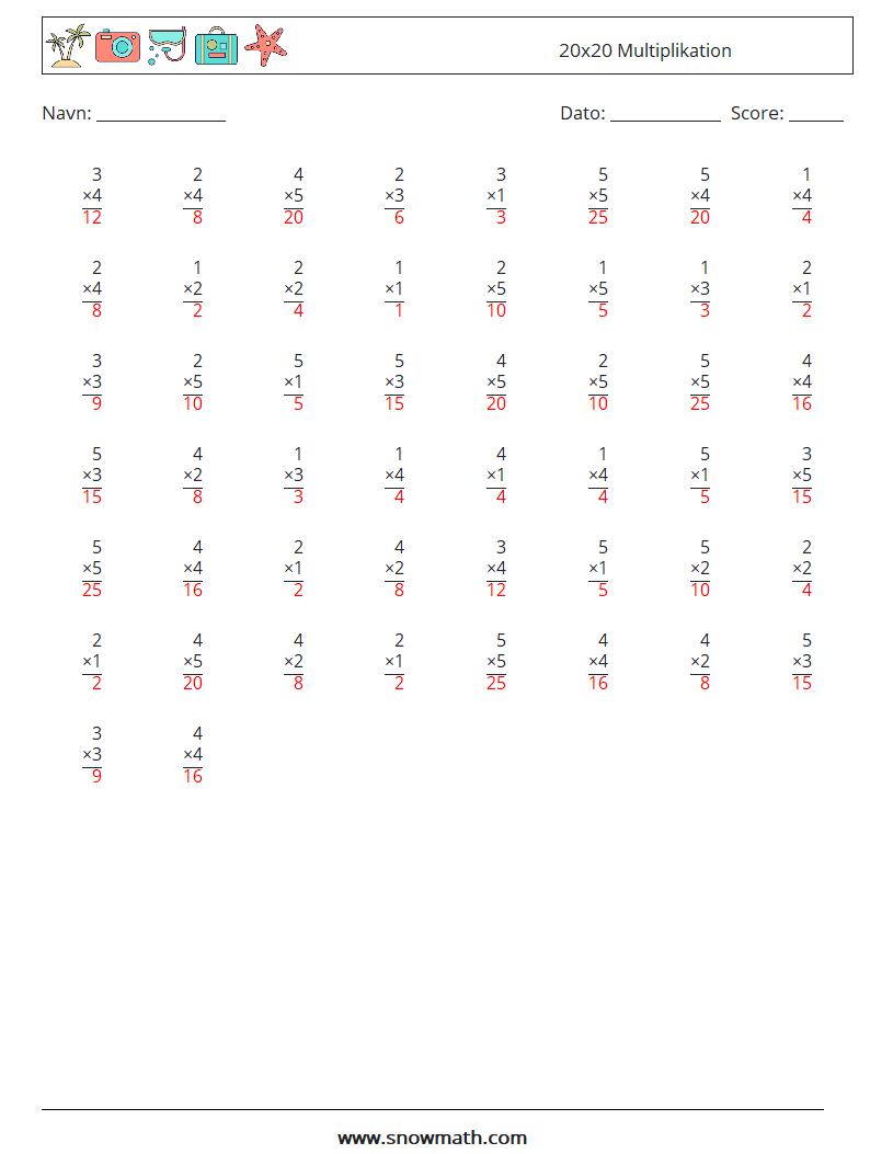 (50) 20x20 Multiplikation Matematiske regneark 9 Spørgsmål, svar