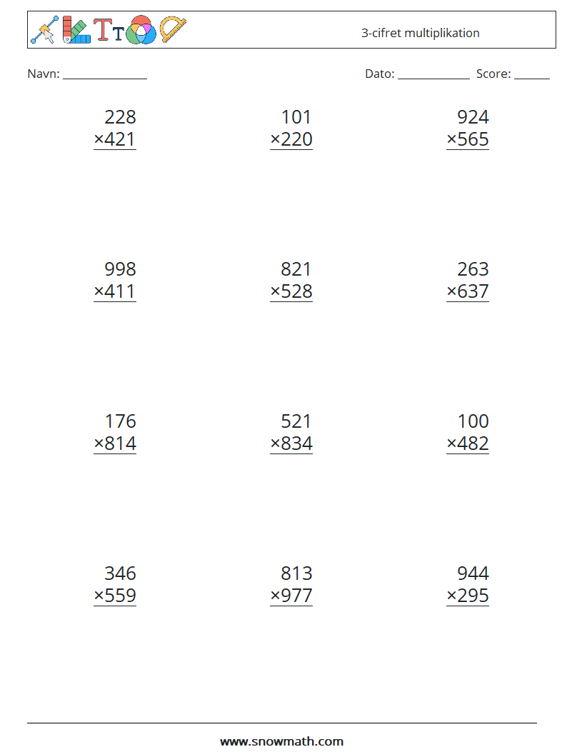 (12) 3-cifret multiplikation Matematiske regneark 1