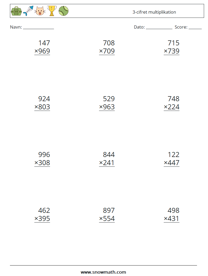 (12) 3-cifret multiplikation Matematiske regneark 10