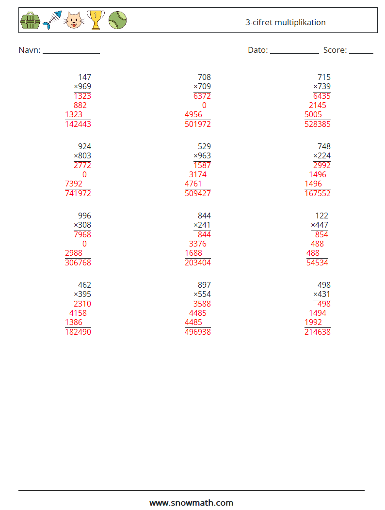 (12) 3-cifret multiplikation Matematiske regneark 10 Spørgsmål, svar