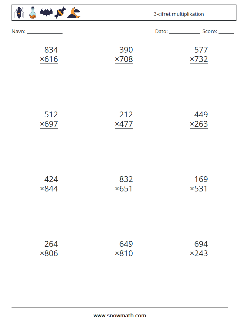 (12) 3-cifret multiplikation Matematiske regneark 11