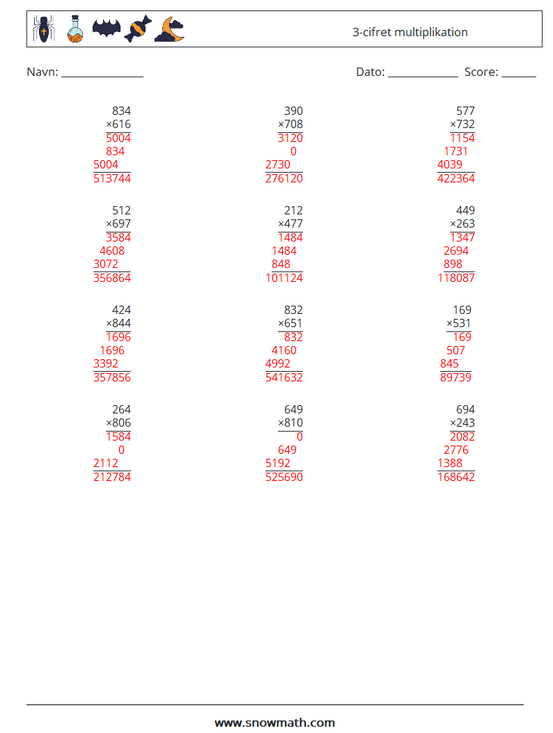 (12) 3-cifret multiplikation Matematiske regneark 11 Spørgsmål, svar