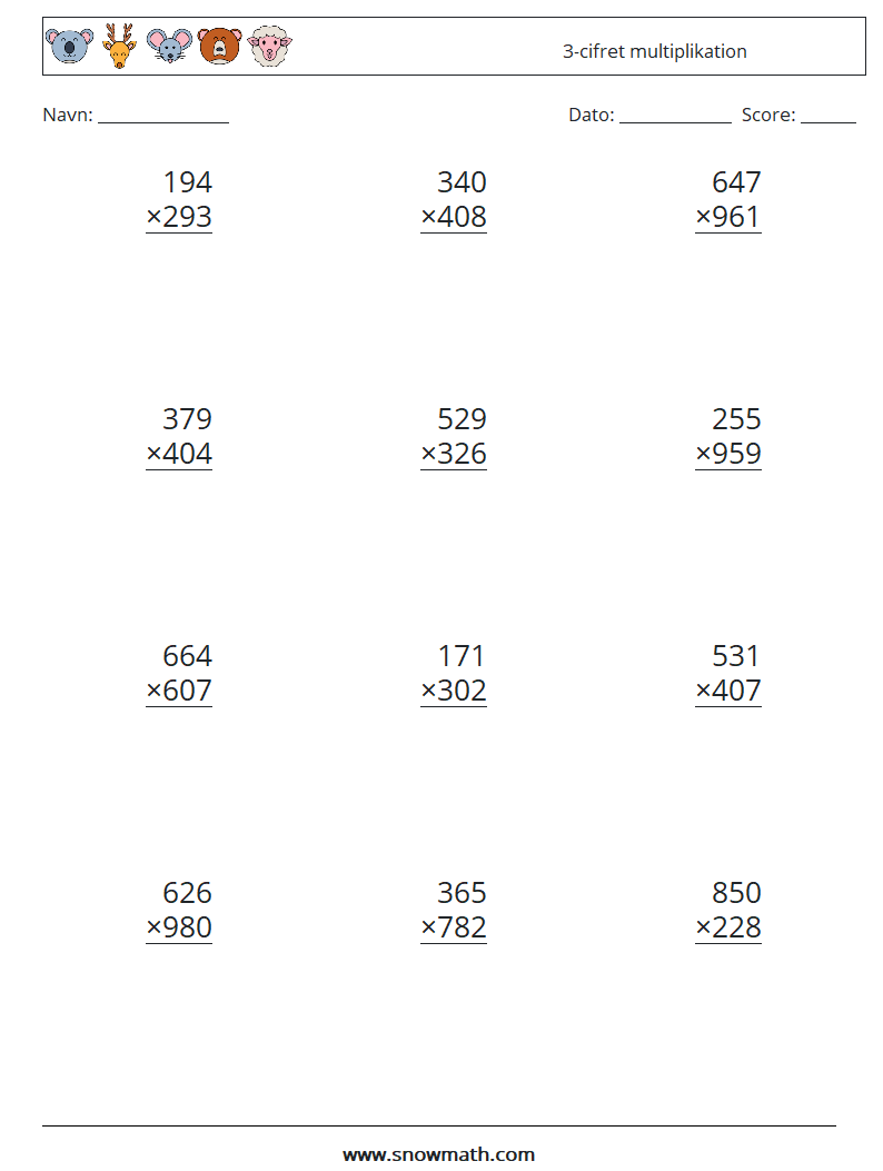 (12) 3-cifret multiplikation Matematiske regneark 12