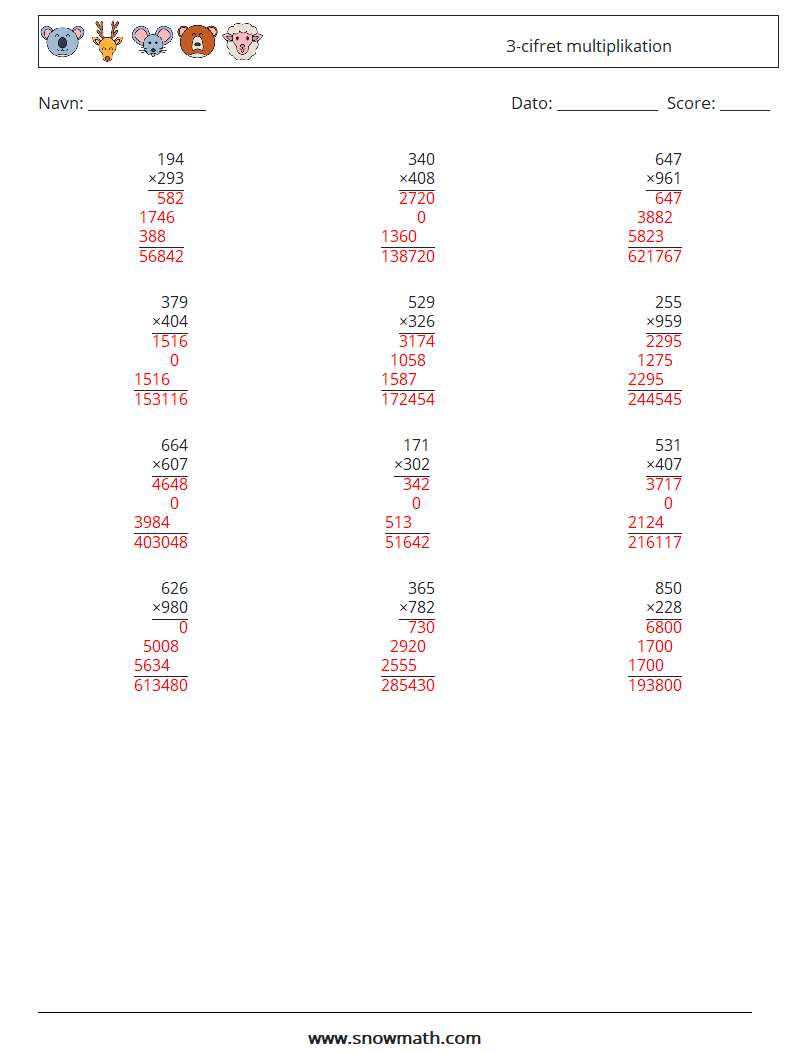 (12) 3-cifret multiplikation Matematiske regneark 12 Spørgsmål, svar