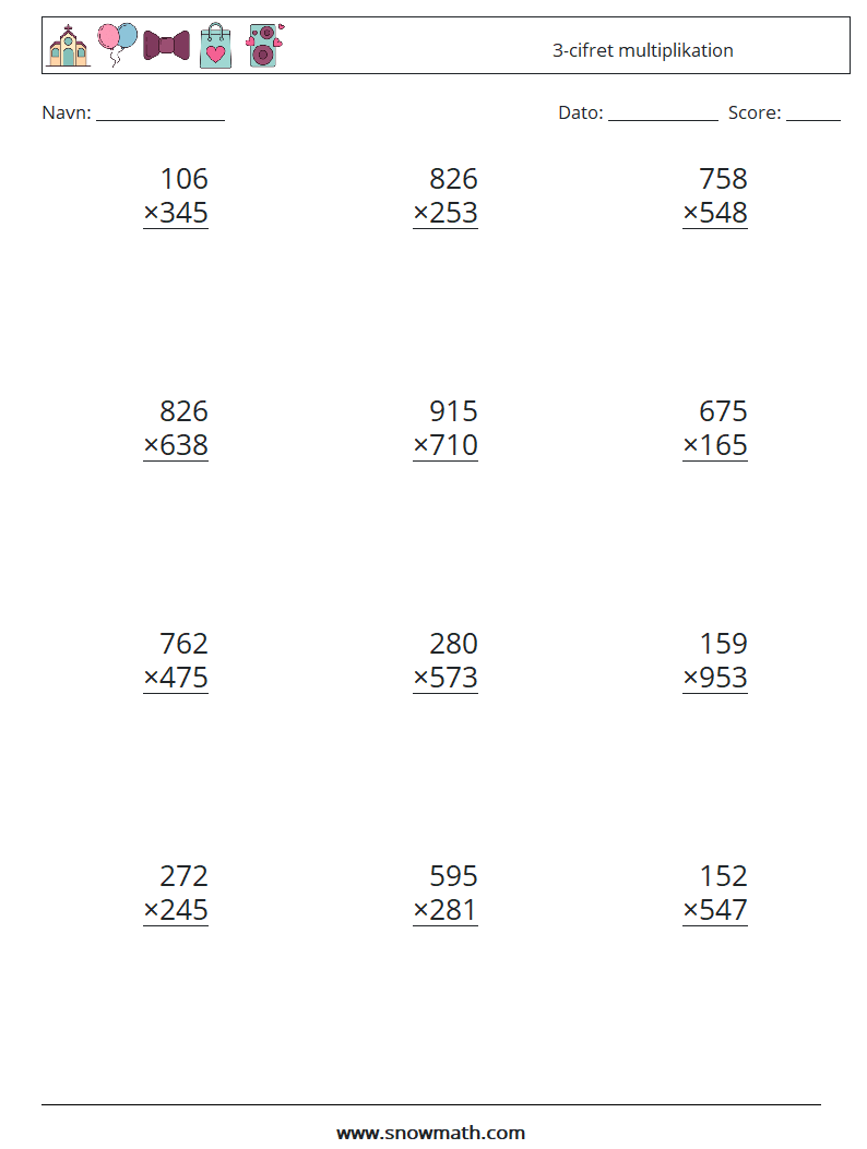 (12) 3-cifret multiplikation Matematiske regneark 13