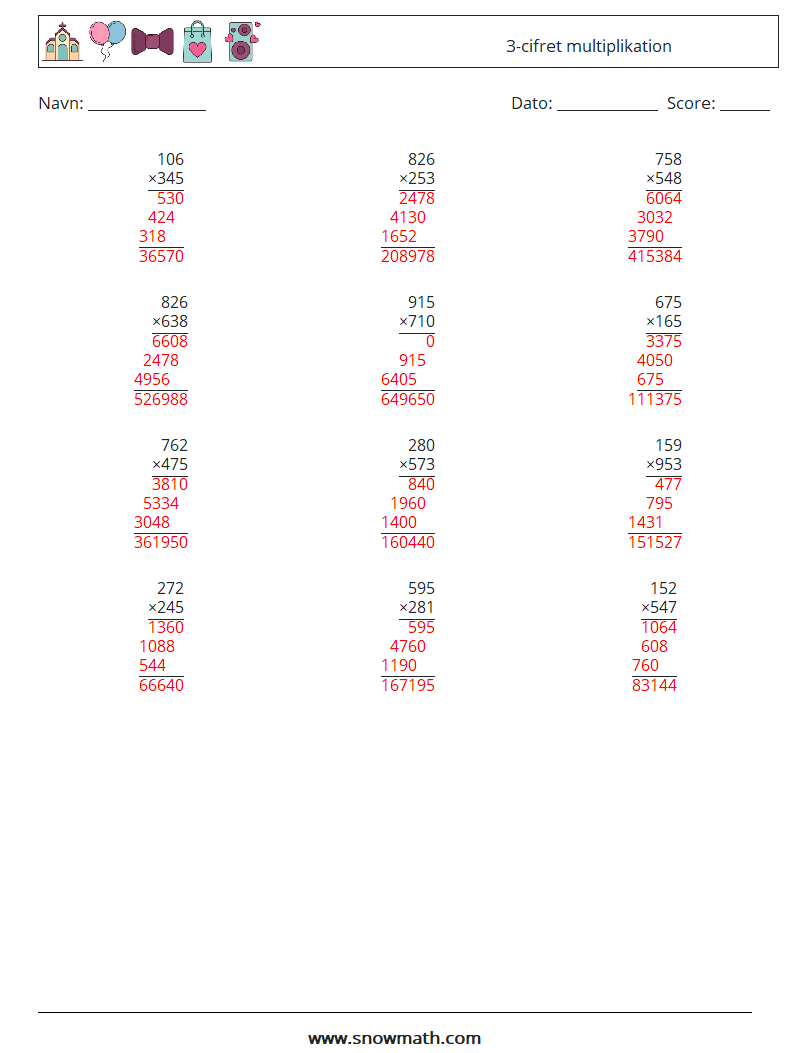 (12) 3-cifret multiplikation Matematiske regneark 13 Spørgsmål, svar