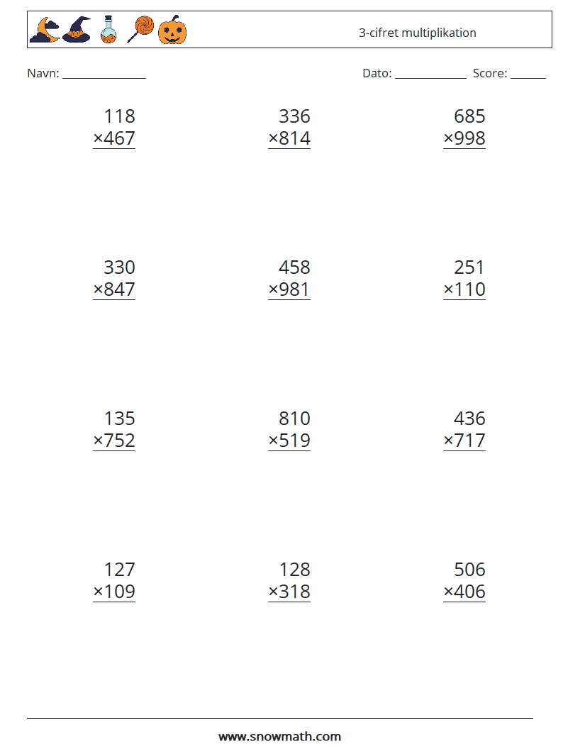 (12) 3-cifret multiplikation Matematiske regneark 14