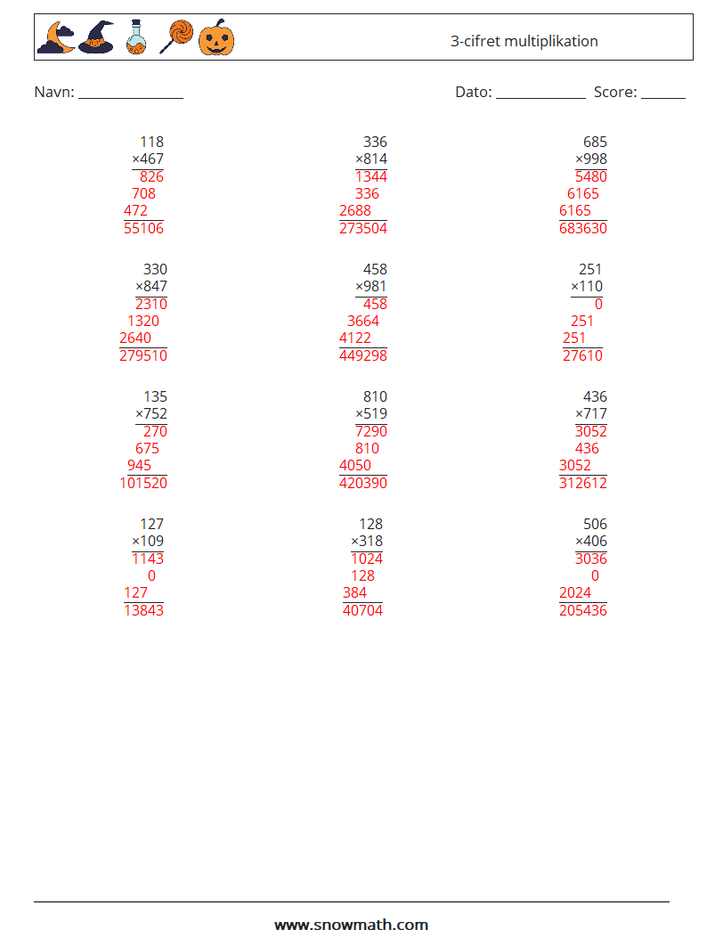 (12) 3-cifret multiplikation Matematiske regneark 14 Spørgsmål, svar